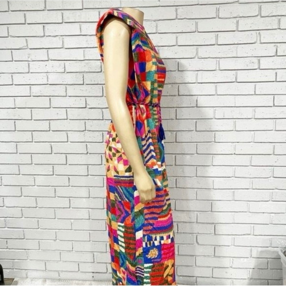 Farm Rio Patchwork Print Sleeveless Midi Dress Multi-Color Braided Tassel Belt - Picture 7 of 12